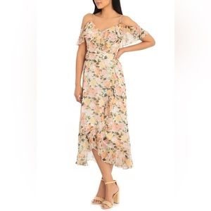 London Times Ruffled Floral Maxi Cold Shoulder Plus Size 16